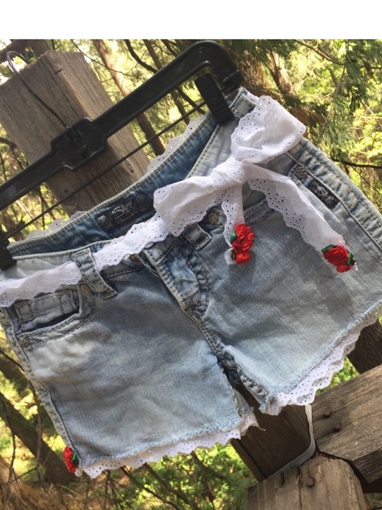 Hand Crafted Pants - Hand Crafted Light Blue Denim Jean Shorts with White Lace & Red Rose Accents